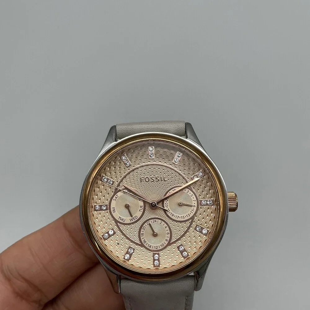 Fossil Suitor Womens Watch 36mm Two Tone Beige Leather Multifunction New Battery